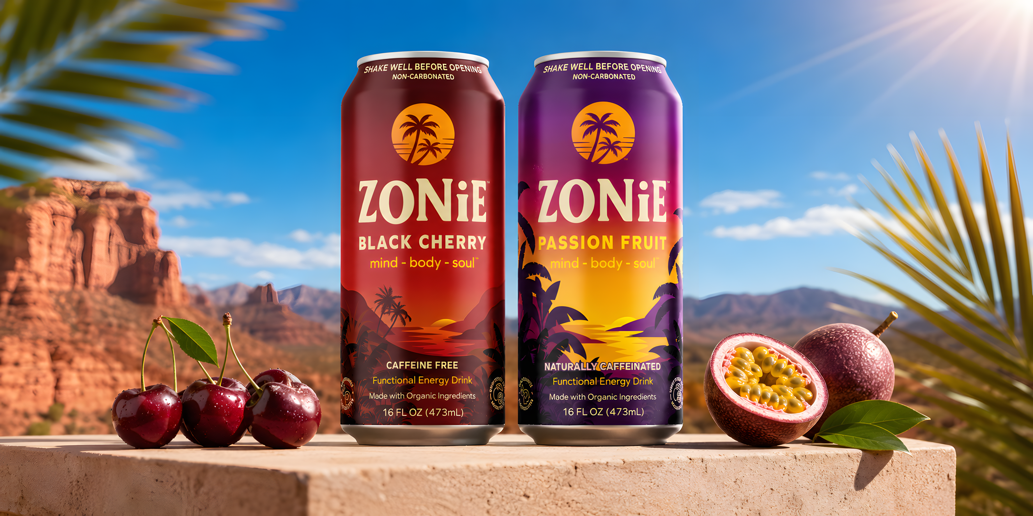 Zonie energy drink can packaging with cherry and passion fruit flavors